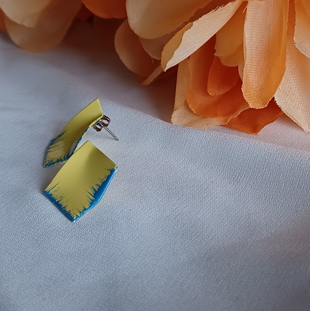Yellow/Blue Geometric Earrings - Picture 8 of 9